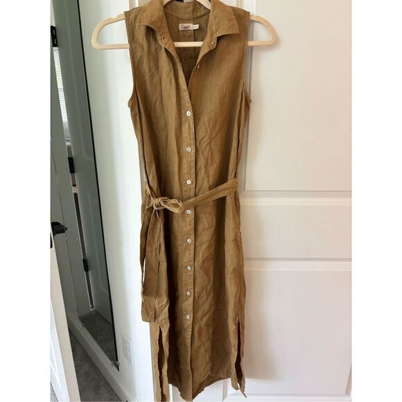 NWOT Faherty | Linen Laguna Sleeveless Midi Shirt Dress in Dull Gold, XXS $178 - Picture 3 of 10